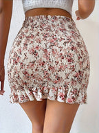 Printed Paper Bag Waist Drawstring Ruffled Hem Skirt