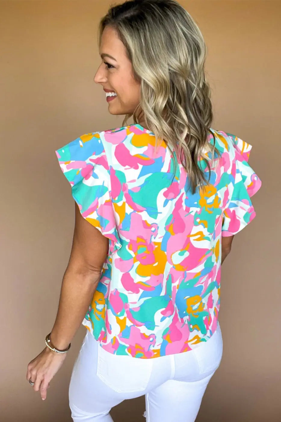 Multi Colour Flutter Sleeve Blouse Abstract Print Women UK