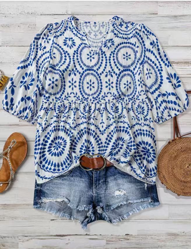 Women's Vintage-print Loose-fit V-neck Short-sleeve Blouse
