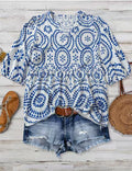 Women's Vintage-print Loose-fit V-neck Short-sleeve Blouse