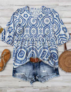 Women's Vintage-print Loose-fit V-neck Short-sleeve Blouse