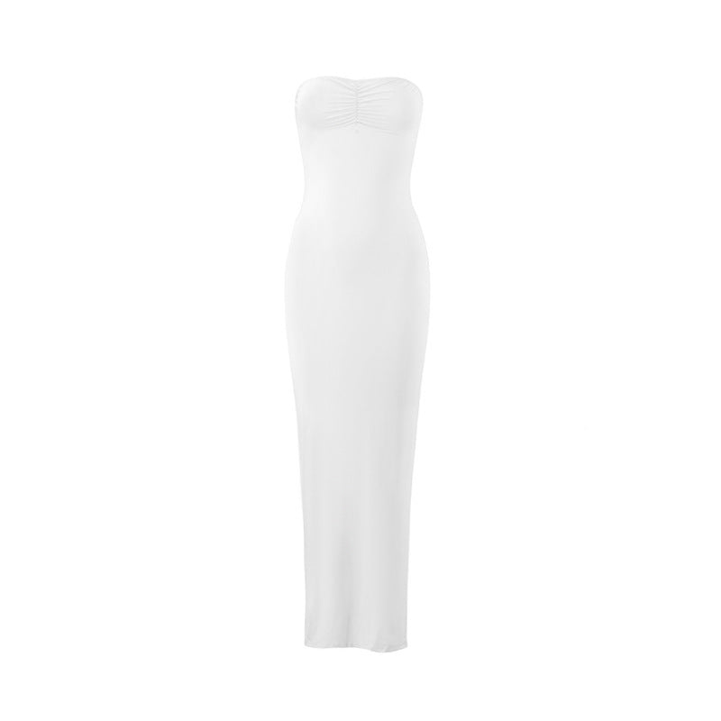 Spicy Girl Style Tube Top Bodycon Side-Slit Long Solid-Color Dress