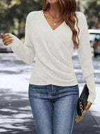 V-neck Long Sleeve Cross Solid Color Knitted Sweater