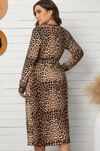 Brown Leopard Wrap V Neck Plus size Dress with A Slit