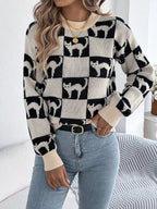 Women Halloween Plaid Lantern Sleeve Long Sleeve Pullover Sweater