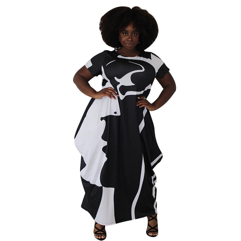 Women's Plus-Size Printed Crew-Neck Long Creative Dress