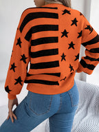 Women Casual Star Stripe Lantern Sleeve Long Sleeve Pullover Sweater