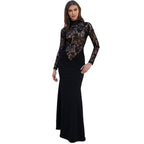 Women's Solid-Color High-Neck Hollow-Out Sheer Lace Bodycon Long-Sleeve Dress