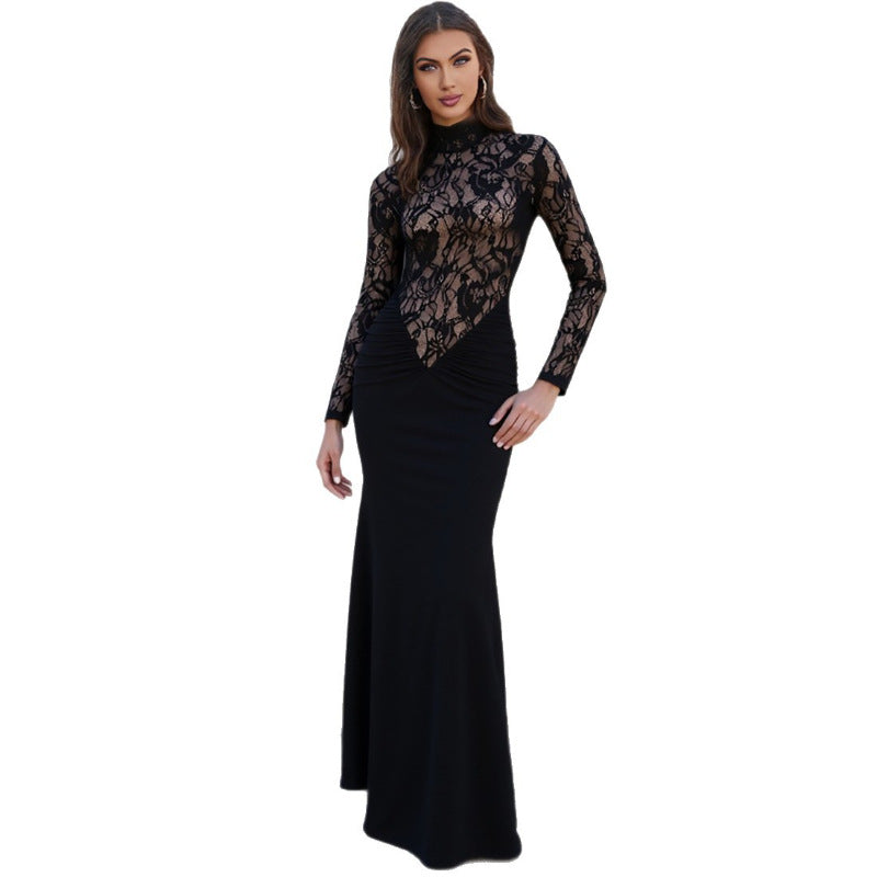 Women's Solid-Color High-Neck Hollow-Out Sheer Lace Bodycon Long-Sleeve Dress
