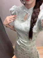 Women's Cinched-waist Bishop-sleeve Green New Chinese-style Dress