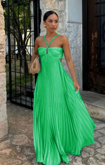 Ins Pleated Sleeveless Sling Dress Hollow High Waist Halter Robe Dresses For Evening Party Club Clothing Women