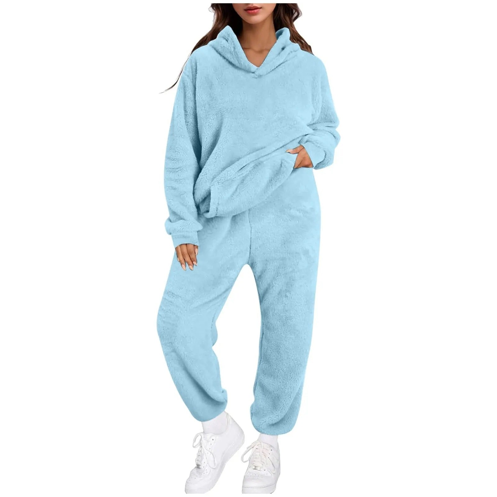 Women's Casual Solid-Color Fleece Hooded Long-Sleeve Top And Pants Set