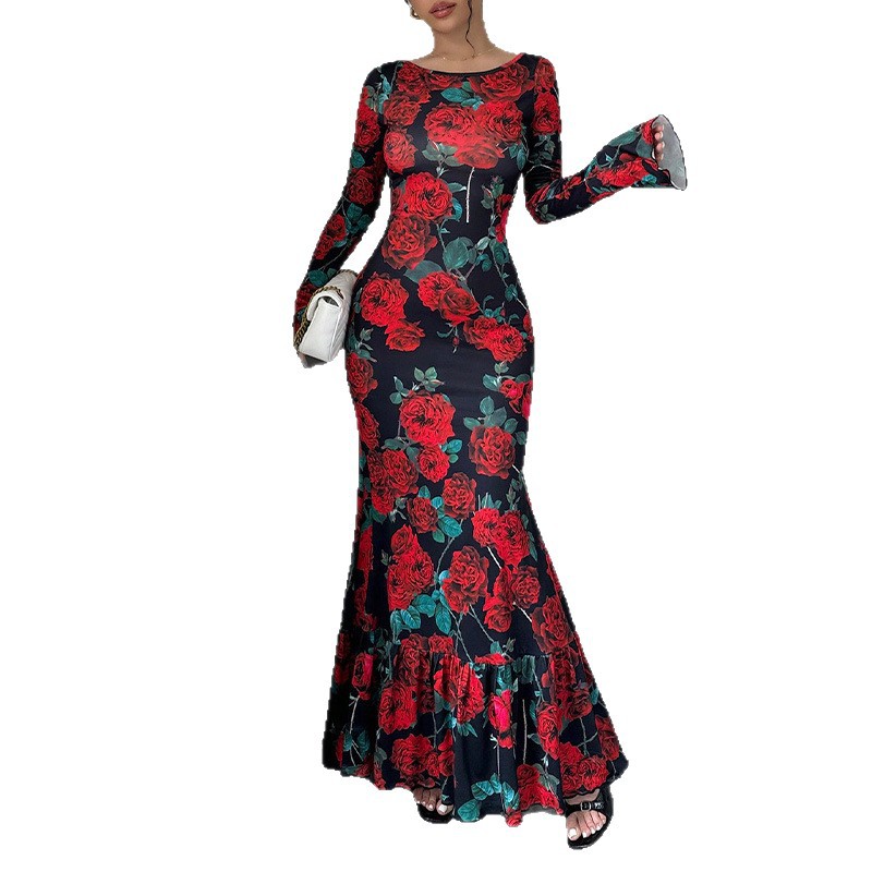 Elegant And Slim-fitting Round Neck Rose Floral Flared Sleeve Bodycon Dress