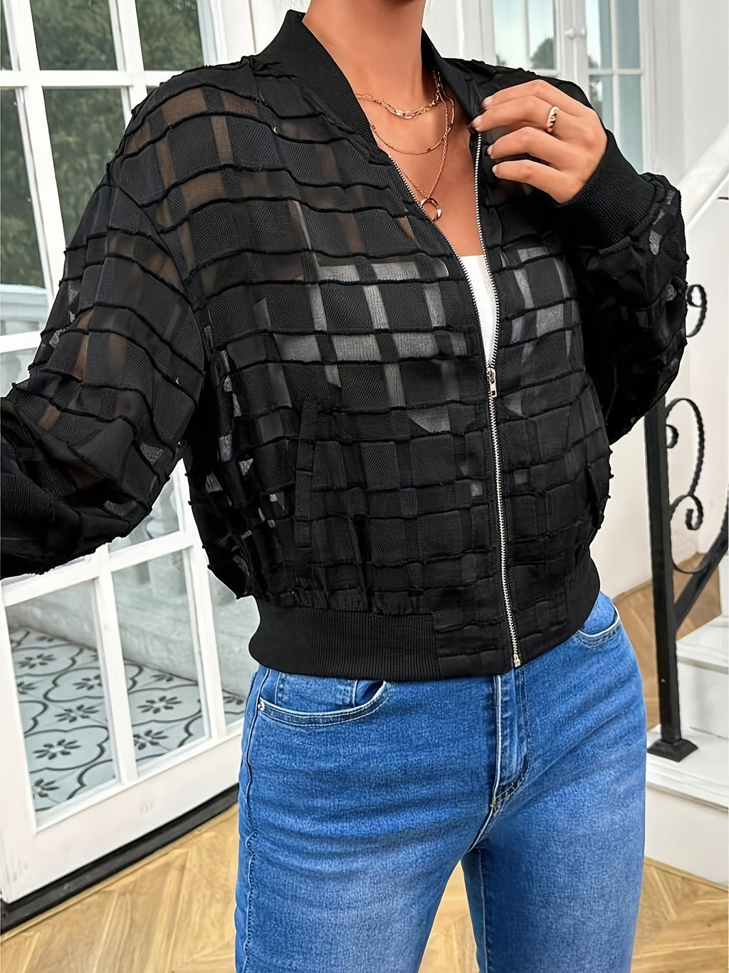Women's Semi-transparent Thread Zipper Casual Jacket