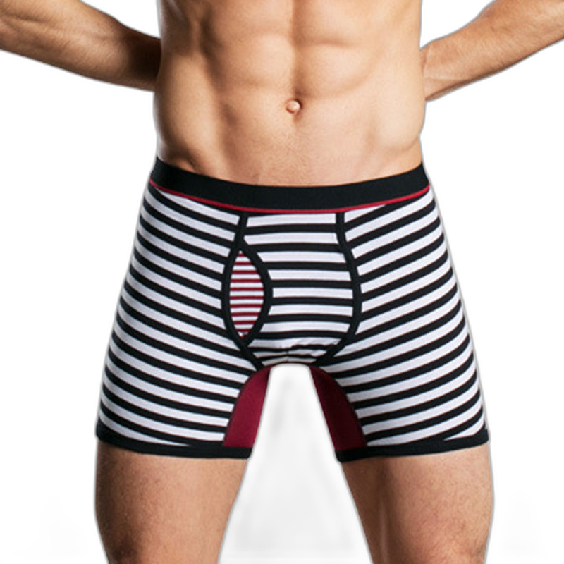 Men's Fly Front with Pouch Striped Cotton Boxer Briefs