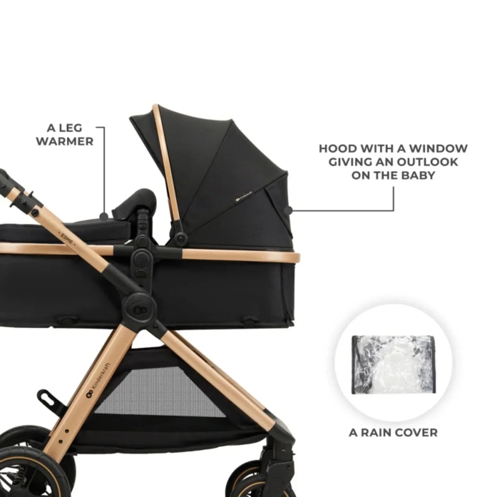 Kinderkraft Esme 3-in-1 Travel System with Mink Pro Car Seat - Pure Black