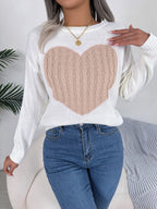 Women Cable Knit Heart Long Sleeve Pullover Sweater