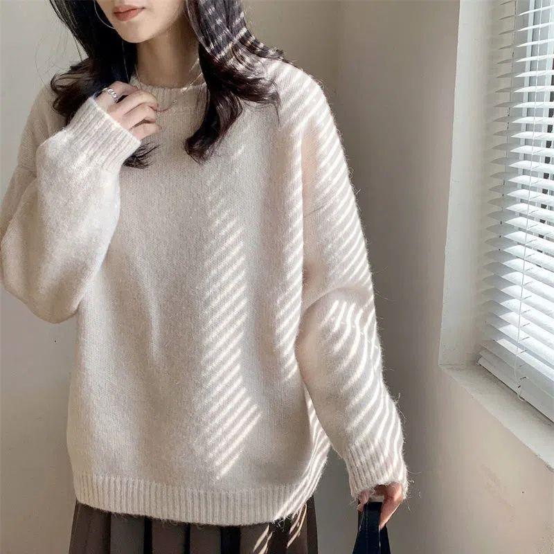 Thickened Loose-fitting Crew-neck Laid-back Style Sweater For Women