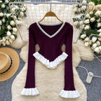 Contrast-color Ruffled Striped Knit Sweater