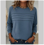Solid Color U-neck Pleated Long-sleeved T-shirt Top For Women