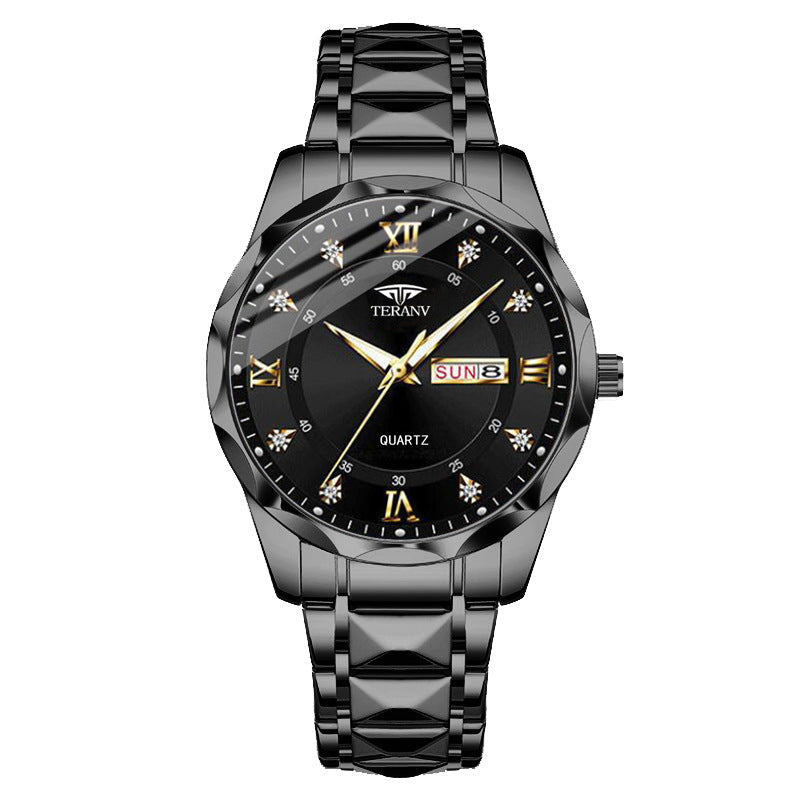 Men's Diamond Shell Calendar Watch - Stainless Steel Luxury Timepiece