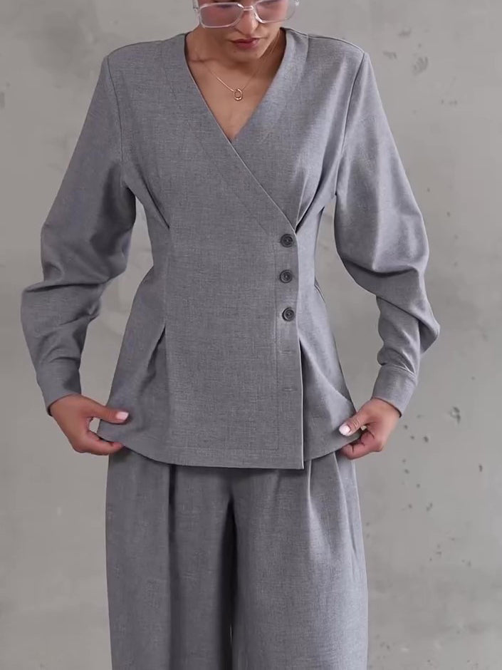 Light Gray V-Neck Asymmetrical Button Top & Wide-Leg Pants Set