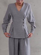 Light Gray V-Neck Asymmetrical Button Top & Wide-Leg Pants Set