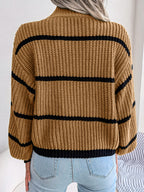 Women Casual Striped Lantern Sleeve Half Turtleneck Knit Sweater