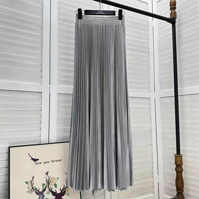 Draped Elastic-waist Versatile Figure-flattering Sophisticated Elegant Solid-color Maxi Skirt