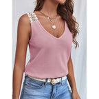 Women's Waffle Knit V-Neck Tank Top - Sleeveless Lace Trim Vest for Summer | Premium Casual Wear