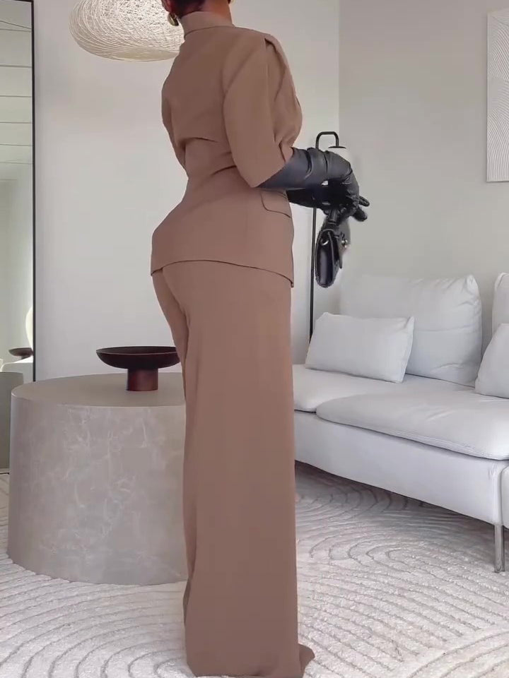 Brown Short-sleeved Blazer & High-waisted Pants Suit