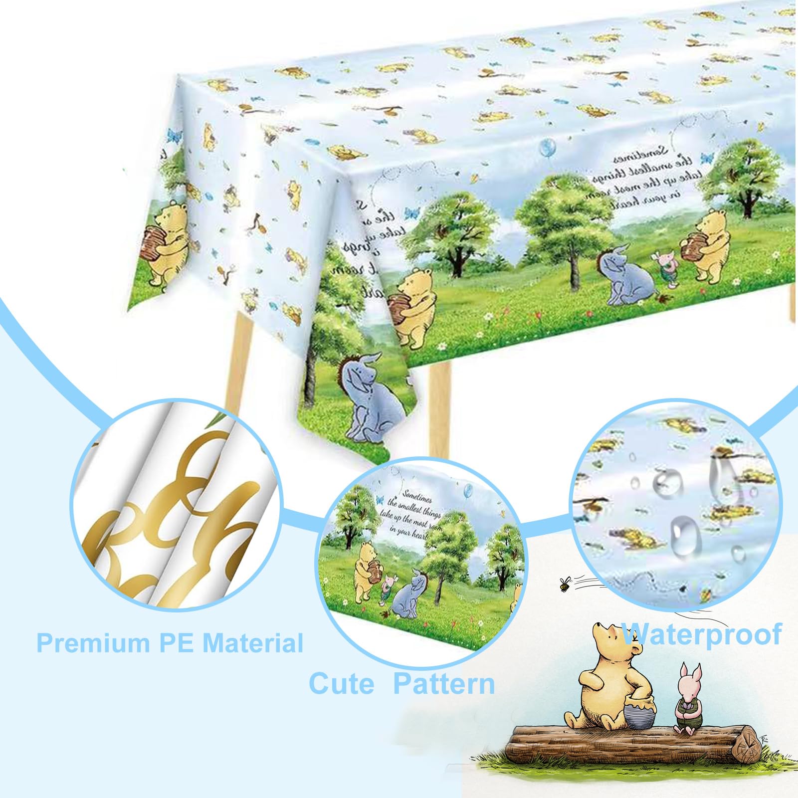 B4b3e 3Pcs Blue Winnie Tablecloth – 54x108in Baby Shower & Birthday Decor