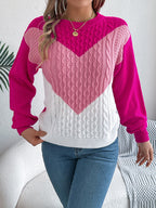 Women Casual Color Block Cable Knit Lantern Sleeve Pullover Sweater