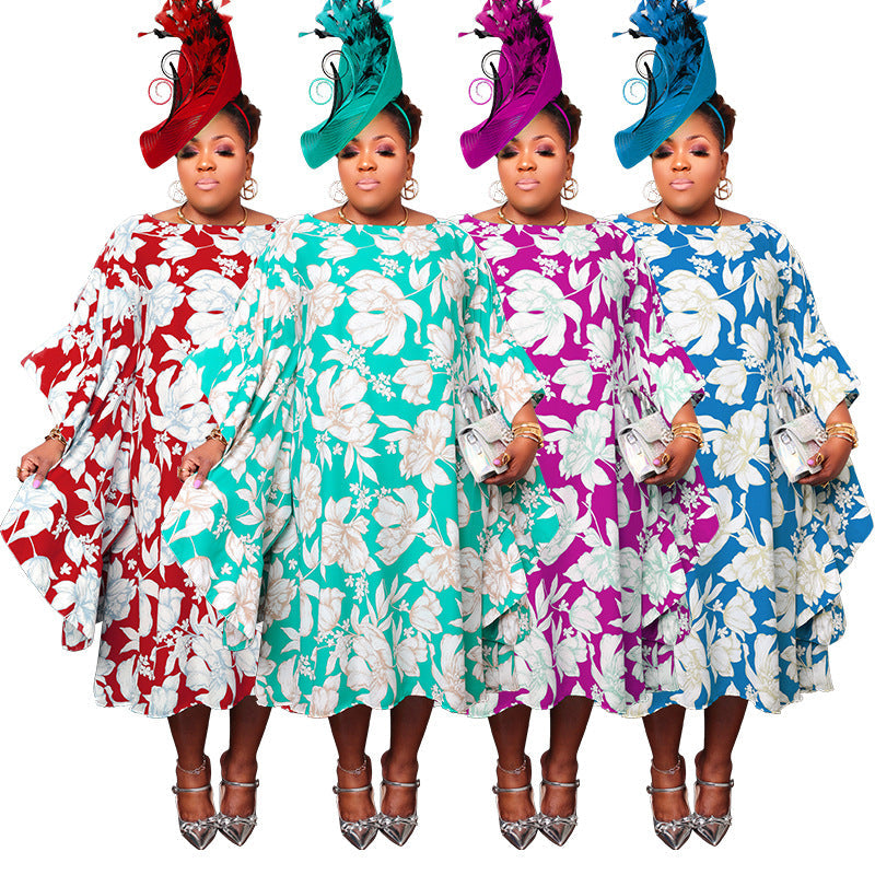 Women's Multi-color Split Skirt With Kimono Sleeves Plus-size Dress