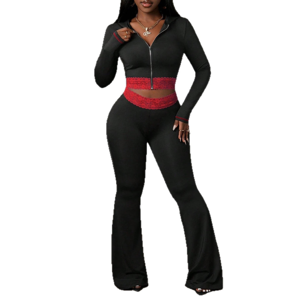 Fashionable Solid-Color Patchwork Lace Casual Jacket And Pants Set