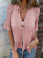 V-neck Single-button Half-sleeved Cardigan Hollow Out Knitted Tops For Women Clithing