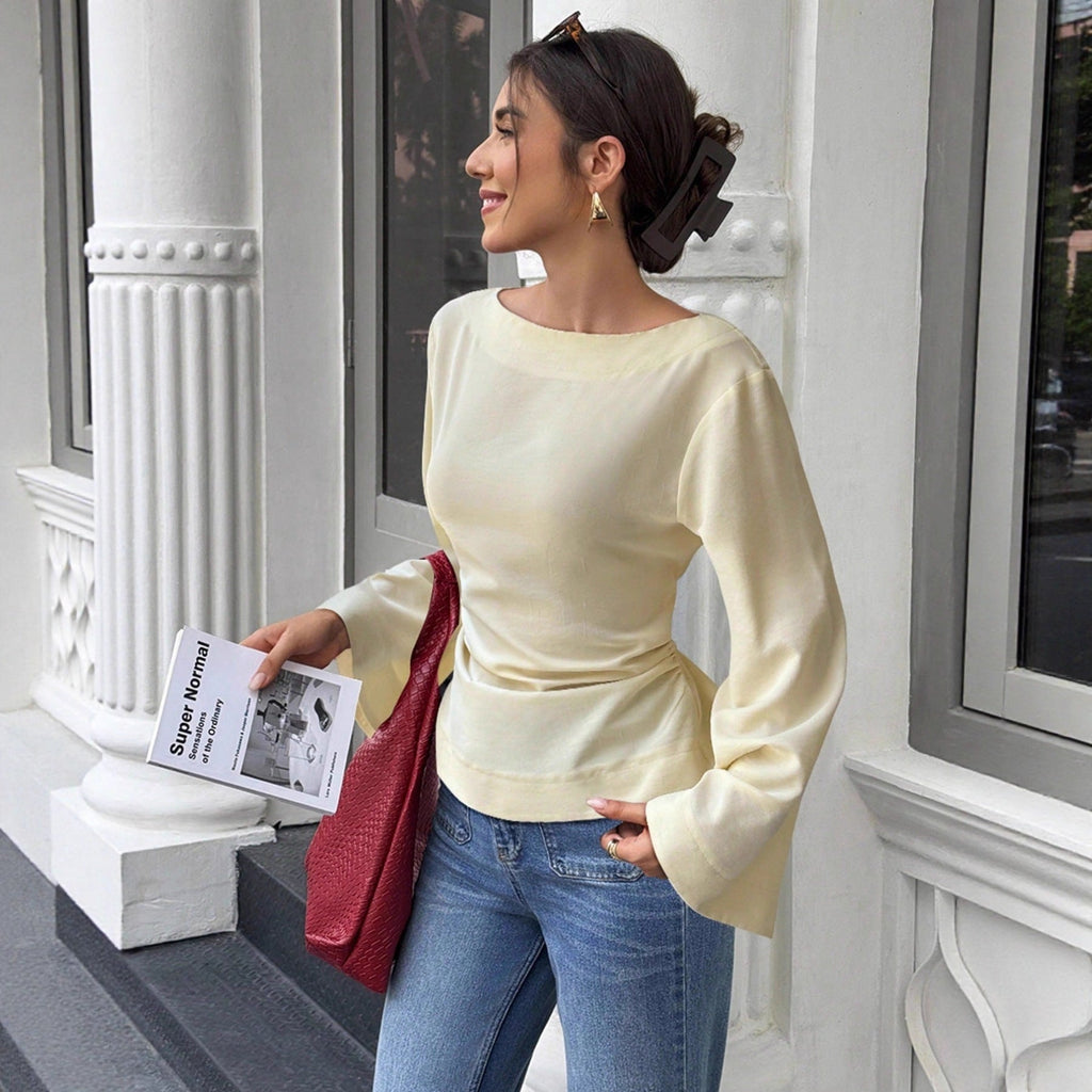 Women's Round-neck Woven Blouse With Flared Long Sleeves