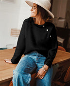 Fashionable Loose-Fit Solid-Color Knitted Sweater With Buttons And Ruffle Neck Long-Sleeve Top