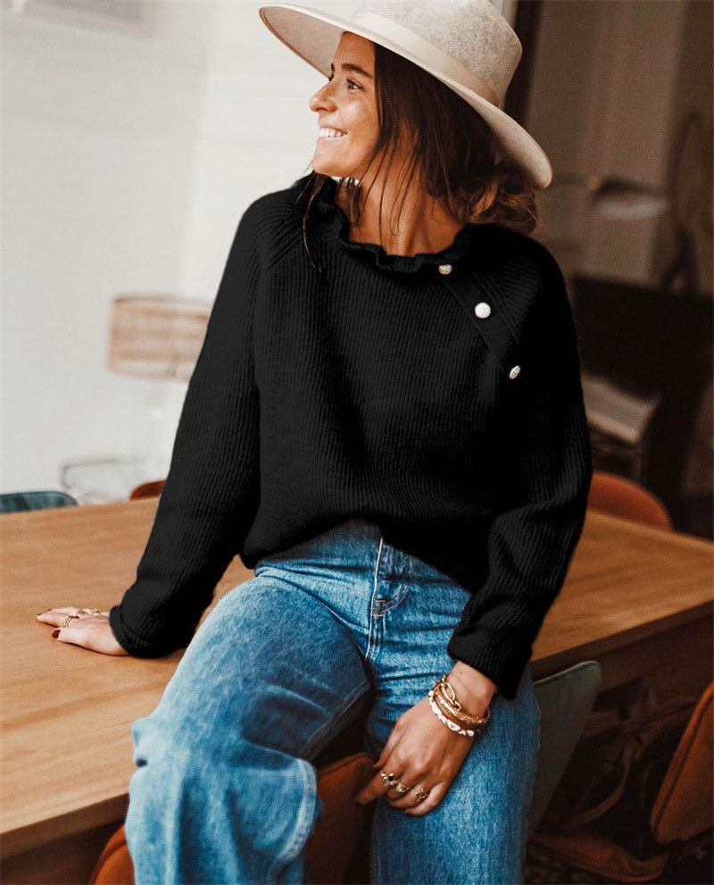 Fashionable Loose-Fit Solid-Color Knitted Sweater With Buttons And Ruffle Neck Long-Sleeve Top