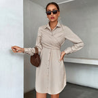 Womens Solid-Color Shirt Collar All-Match Dress