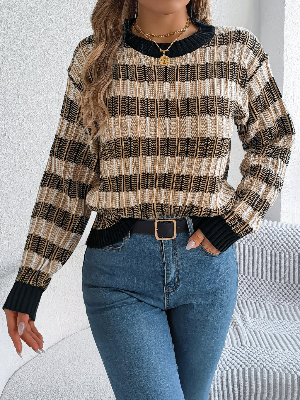 Women Round Neck Retro Stripe Lantern Sleeve Long Sleeve Pullover Sweater