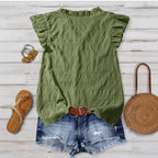 New Women's V-neck Ruffled Short-sleeve Blouse Loose-fit Figure-flattering Top With Lace Detailing