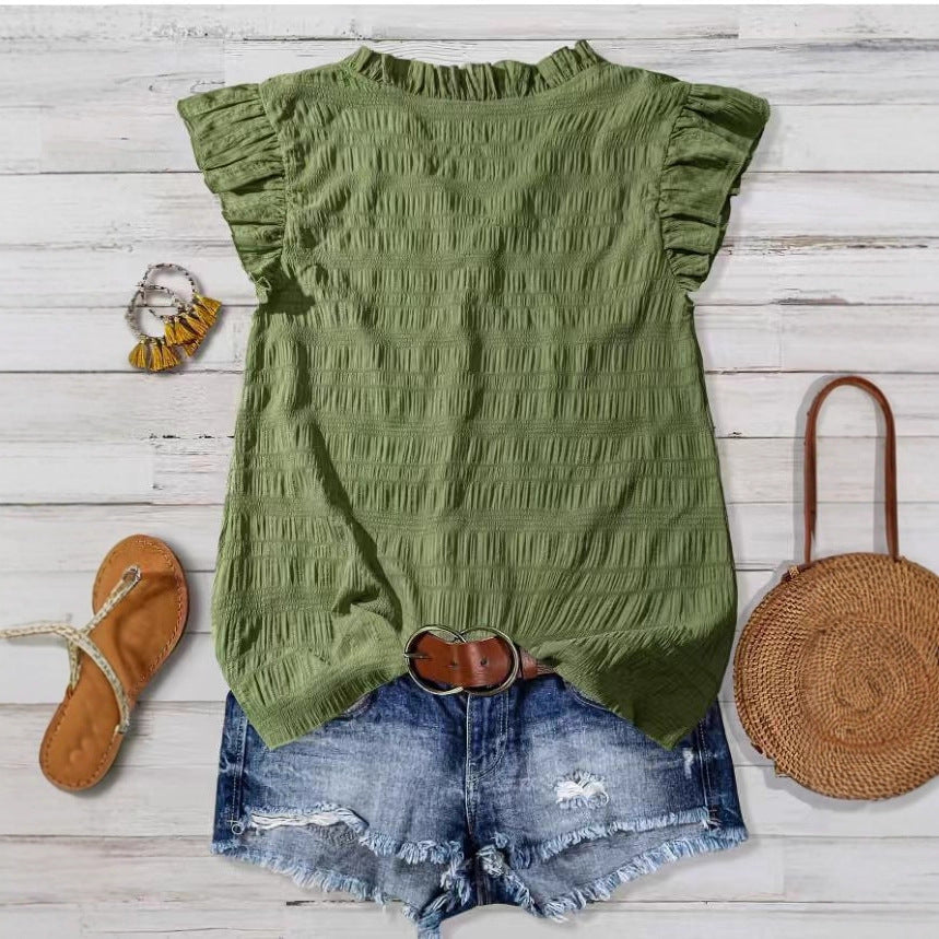 New Women's V-neck Ruffled Short-sleeve Blouse Loose-fit Figure-flattering Top With Lace Detailing