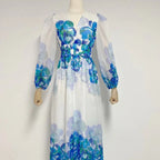 Women's Fashionable Printed V-Neck Long Dress With Puff Sleeves
