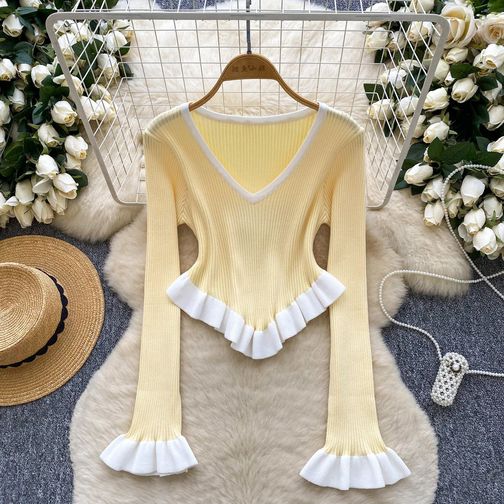 Contrast-color Ruffled Striped Knit Sweater