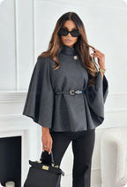 New Stand Collar Batwing Sleeves Cloak Top With Belt Ins Fashion Temperament Jacket Woolen Sweater Outwear For Women Clothing