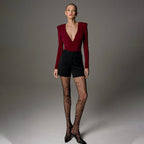 Solid Color High-end Deep V Long-sleeve Padded Shoulder High-elastic Skin-tight Slimming Bodysuit