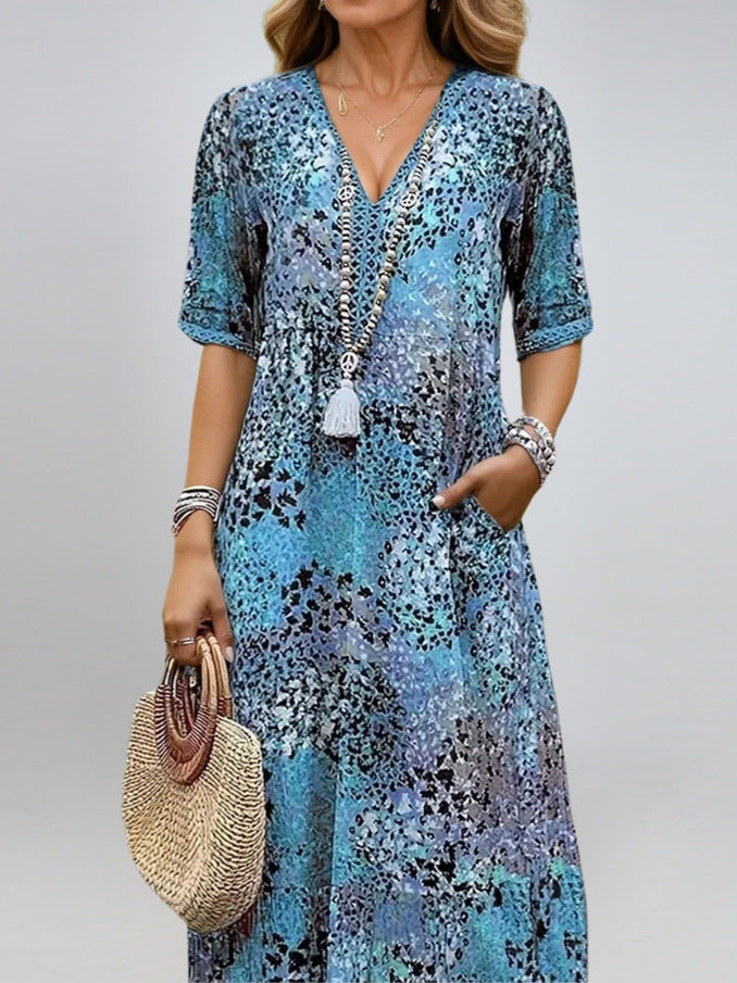 Summer V-neck Half-sleeved Dress With Pockets Fashion Ethnic Print Dresses Beach Holiday Clothing For Women