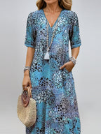 Summer V-neck Half-sleeved Dress With Pockets Fashion Ethnic Print Dresses Beach Holiday Clothing For Women