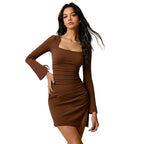Women's Casual Brown Square-Neck Bodycon Split Dress